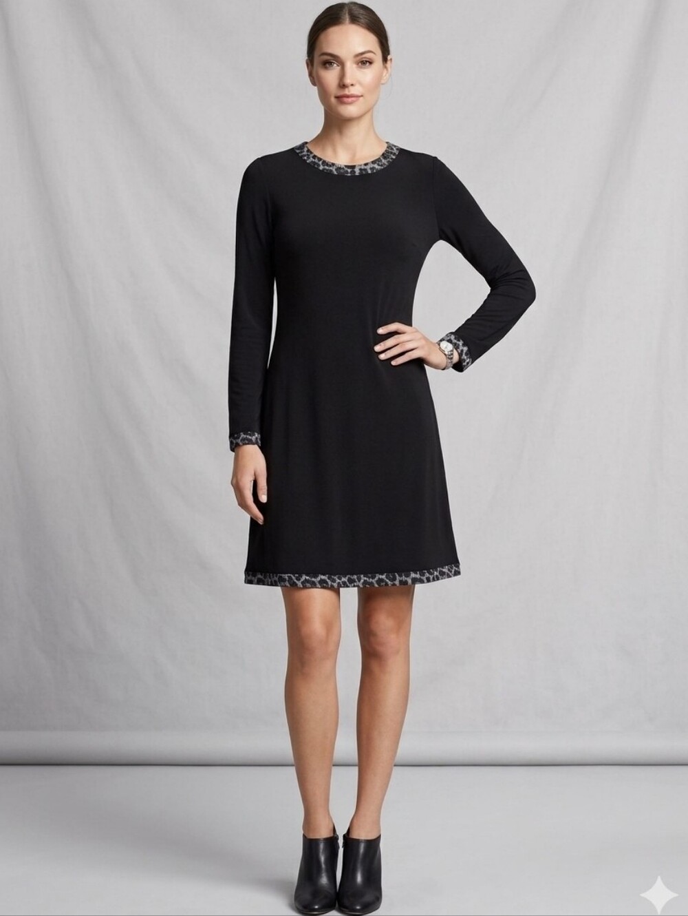 Michael Kors NWT Black Long-Sleeve Dress with Animal Print Hem & Cuffs Sz L